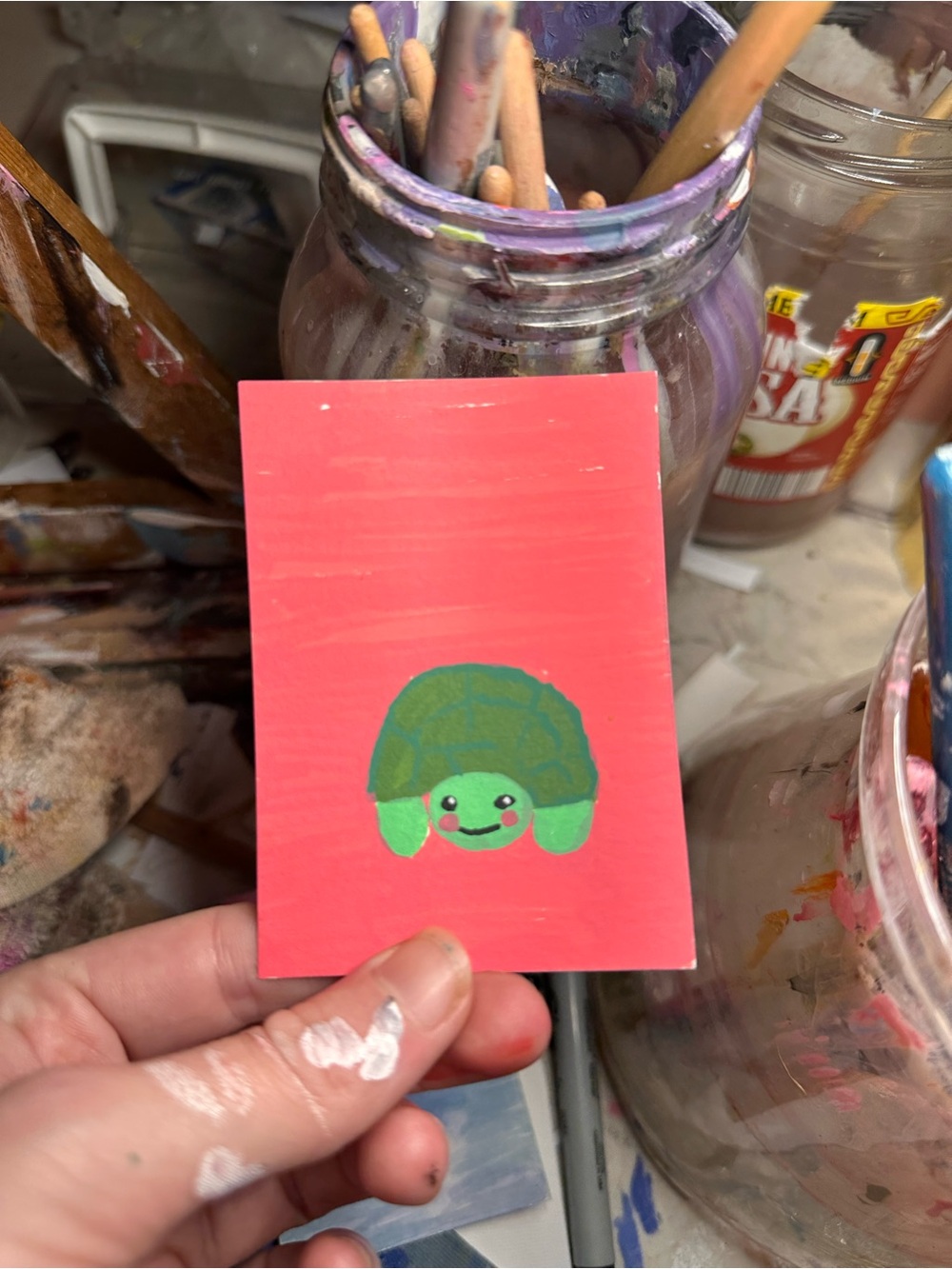 Green Turtle Reptile Accent Decal on Coral Pink Background